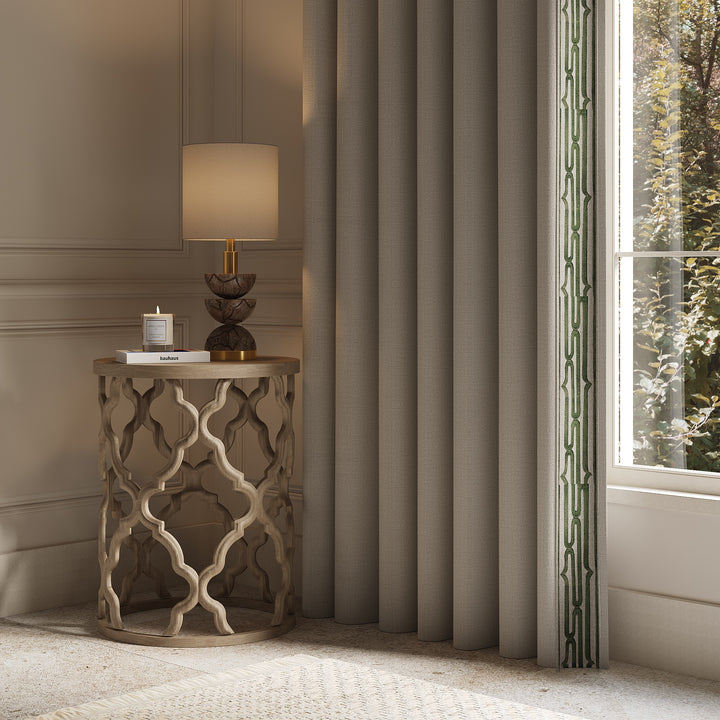 Curtains with Rollo Trim in Celadon Green