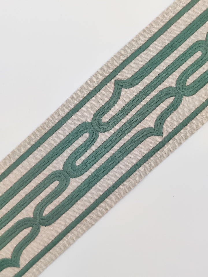 Curtains with Rollo Trim in Celadon Green
