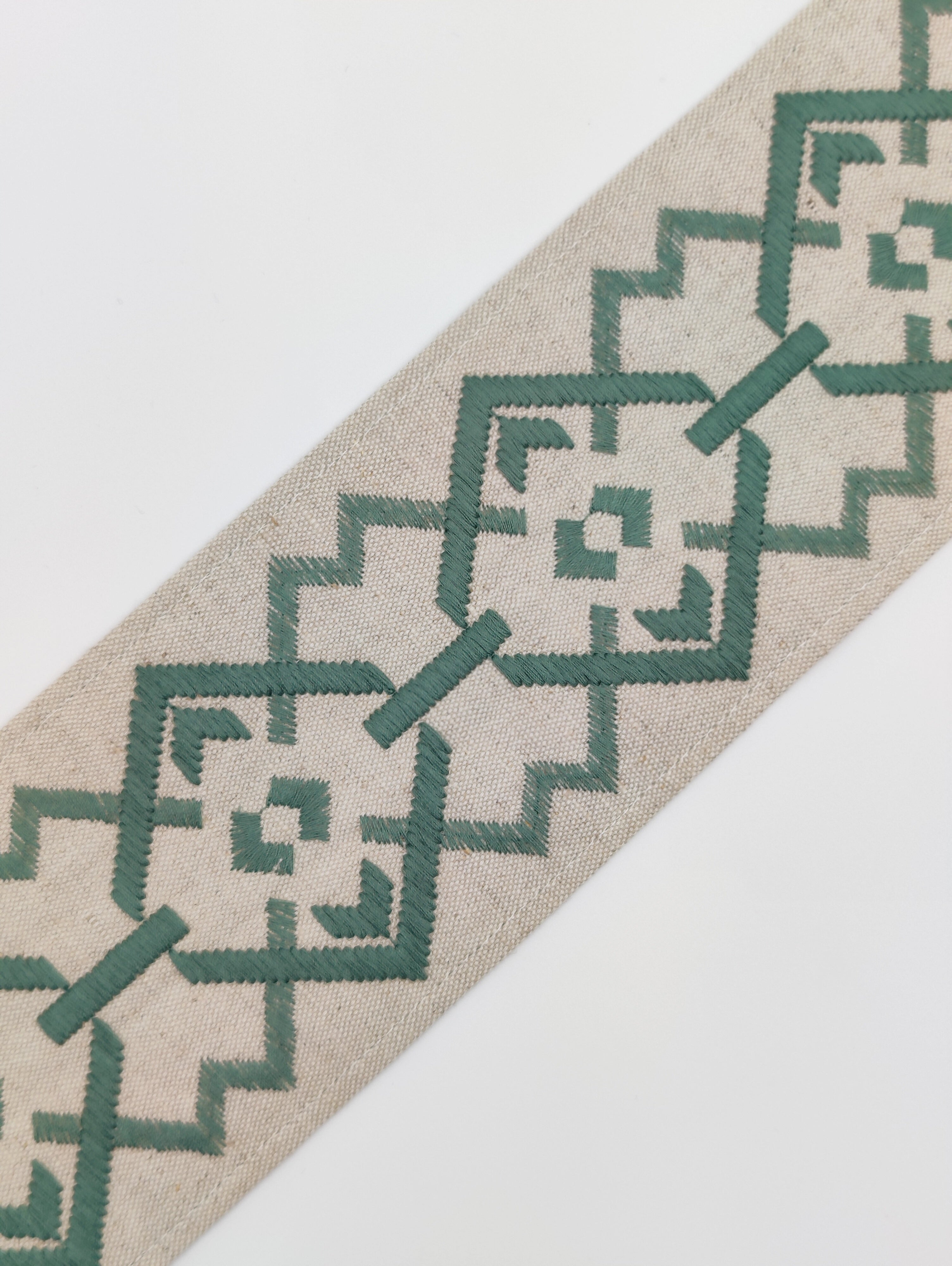 Roman Blinds with Croix Trim in Celadon Green