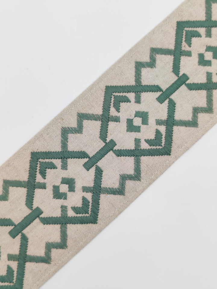 Roman Blinds with Croix Trim in Celadon Green