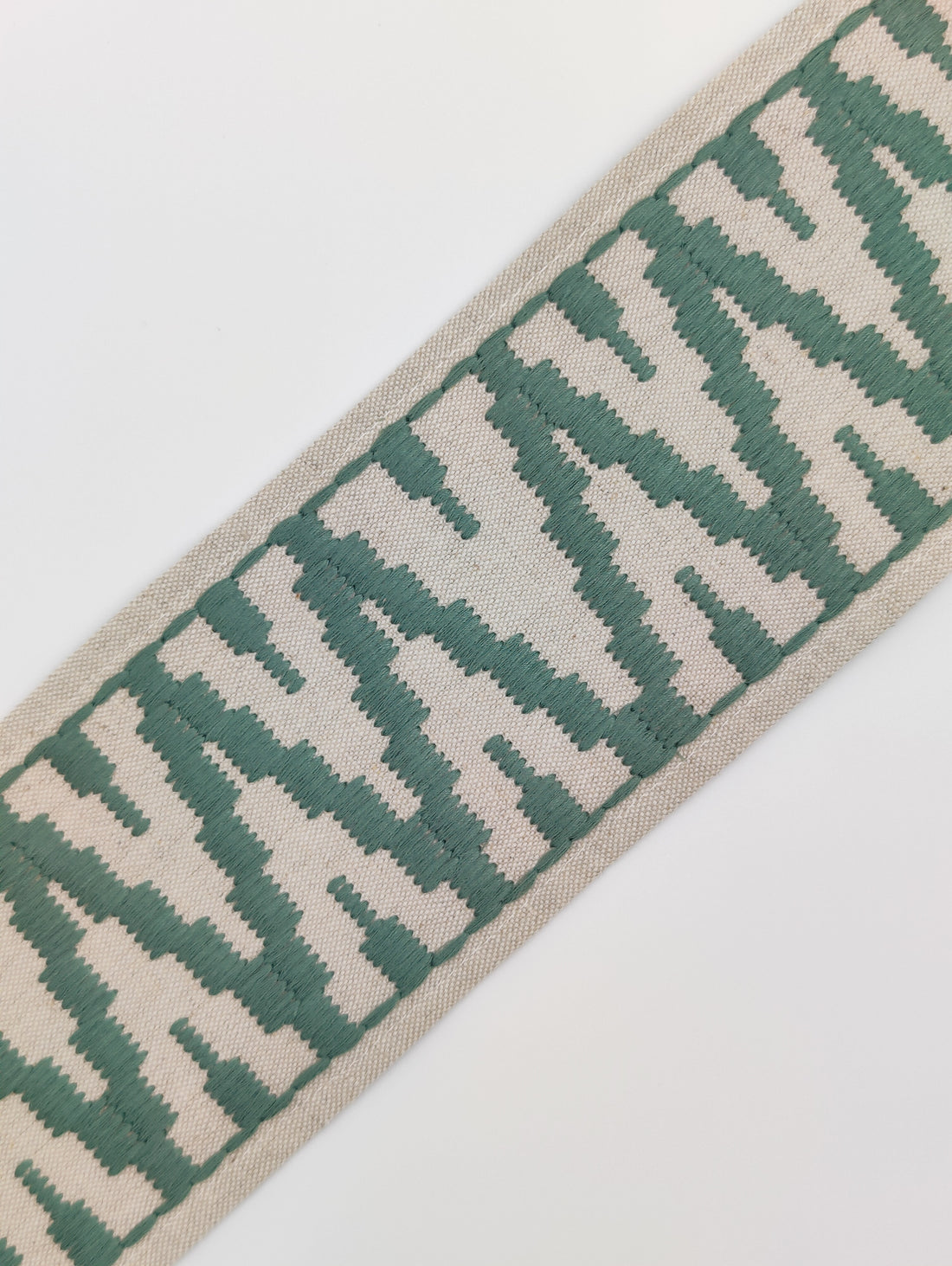 Roman Blinds with Yaya Trim in Celadon Green