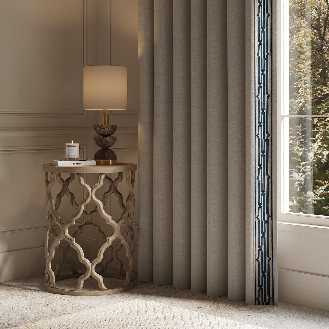 Curtains with Rollo Trim in Squadron Blue