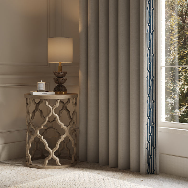 Curtains with Rollo Trim in Squadron Blue