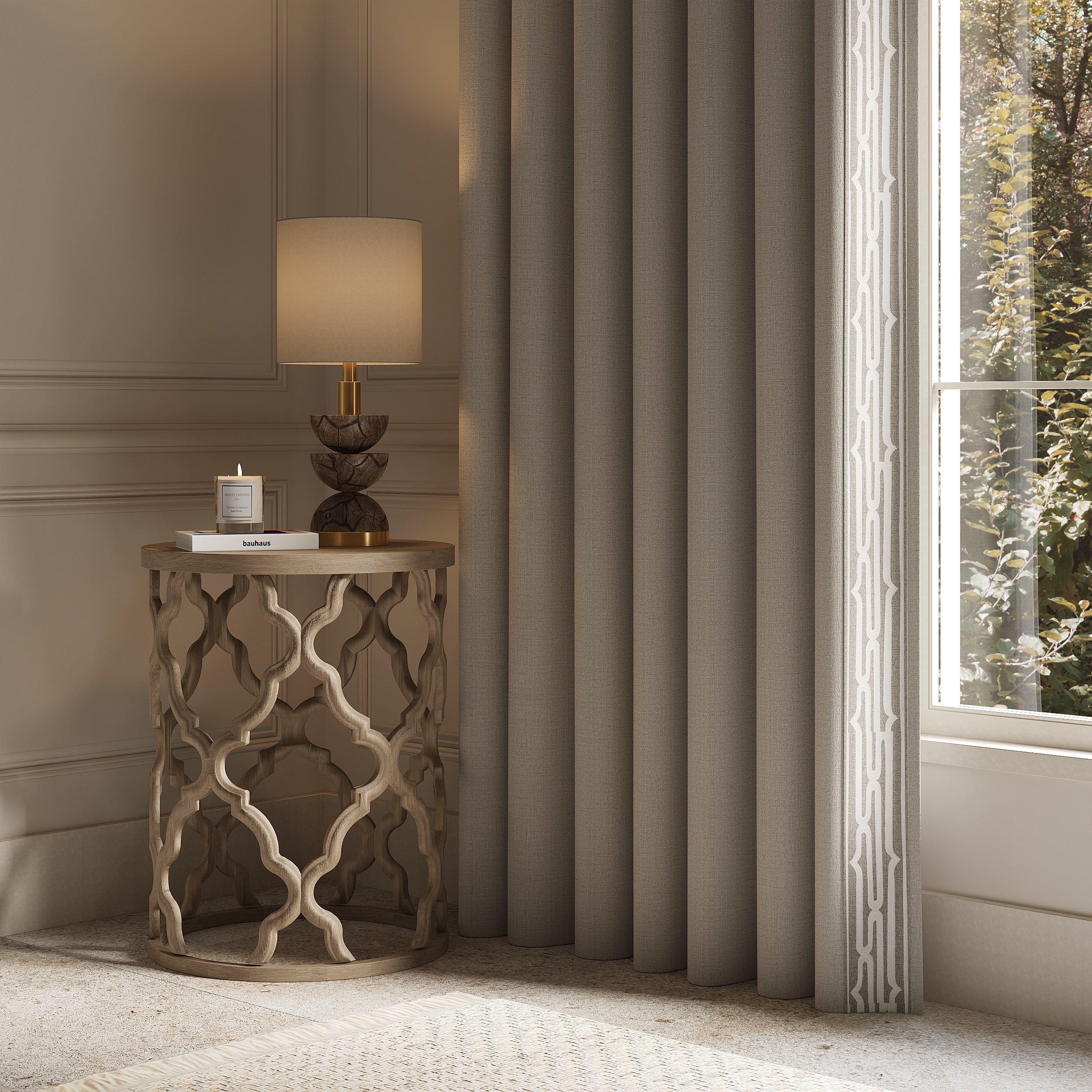 Curtains with Rollo Trim in Nimbus White - Single