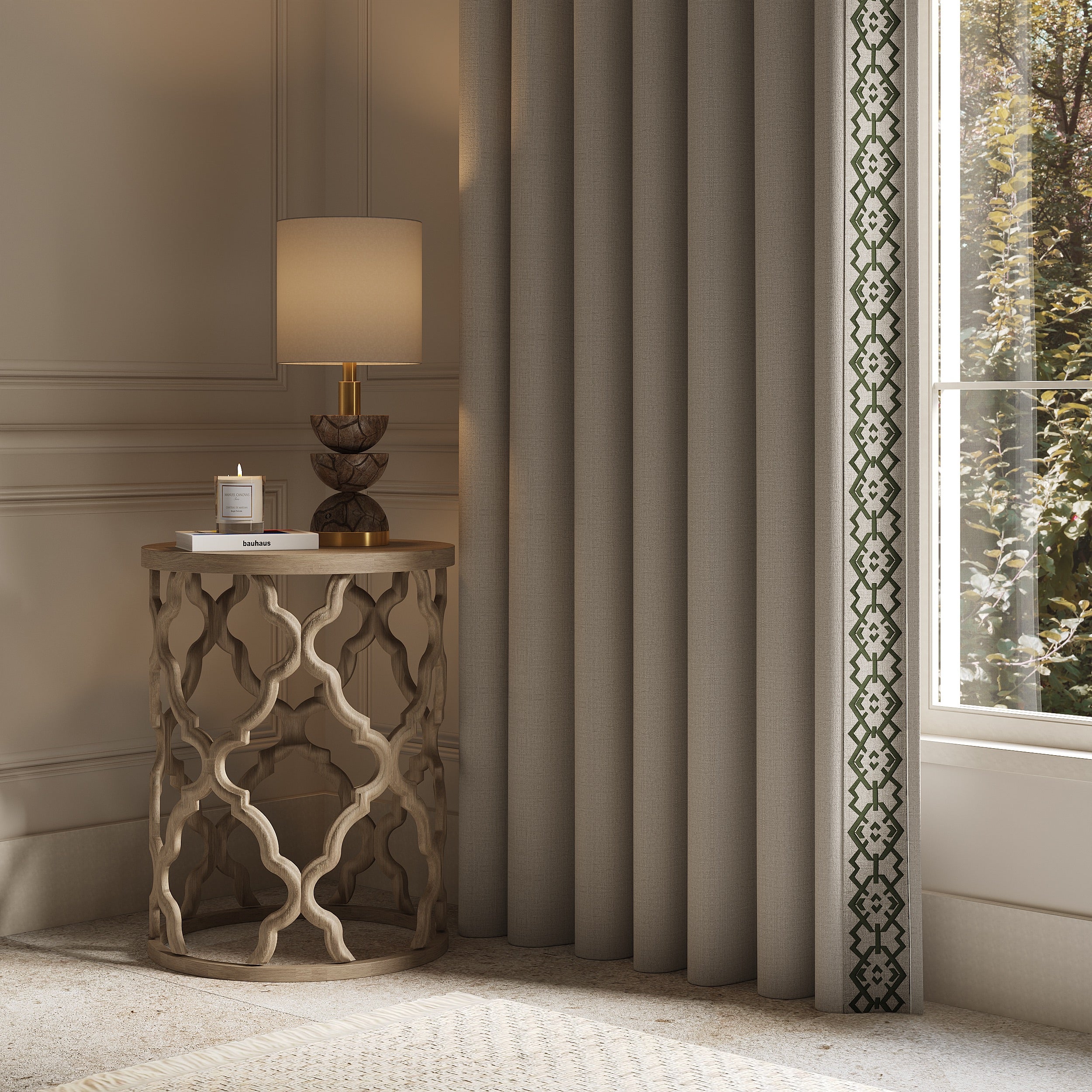Curtains with Croix Trim in Celadon Green - Single