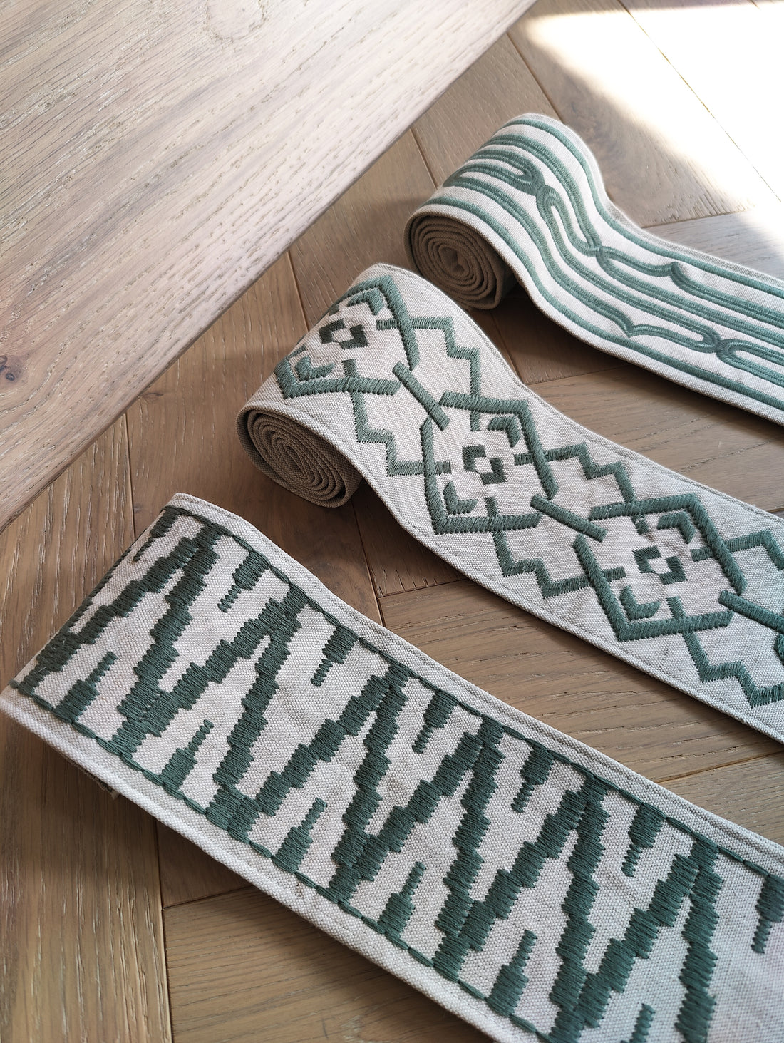 Roman Blinds with Yaya Trim in Celadon Green