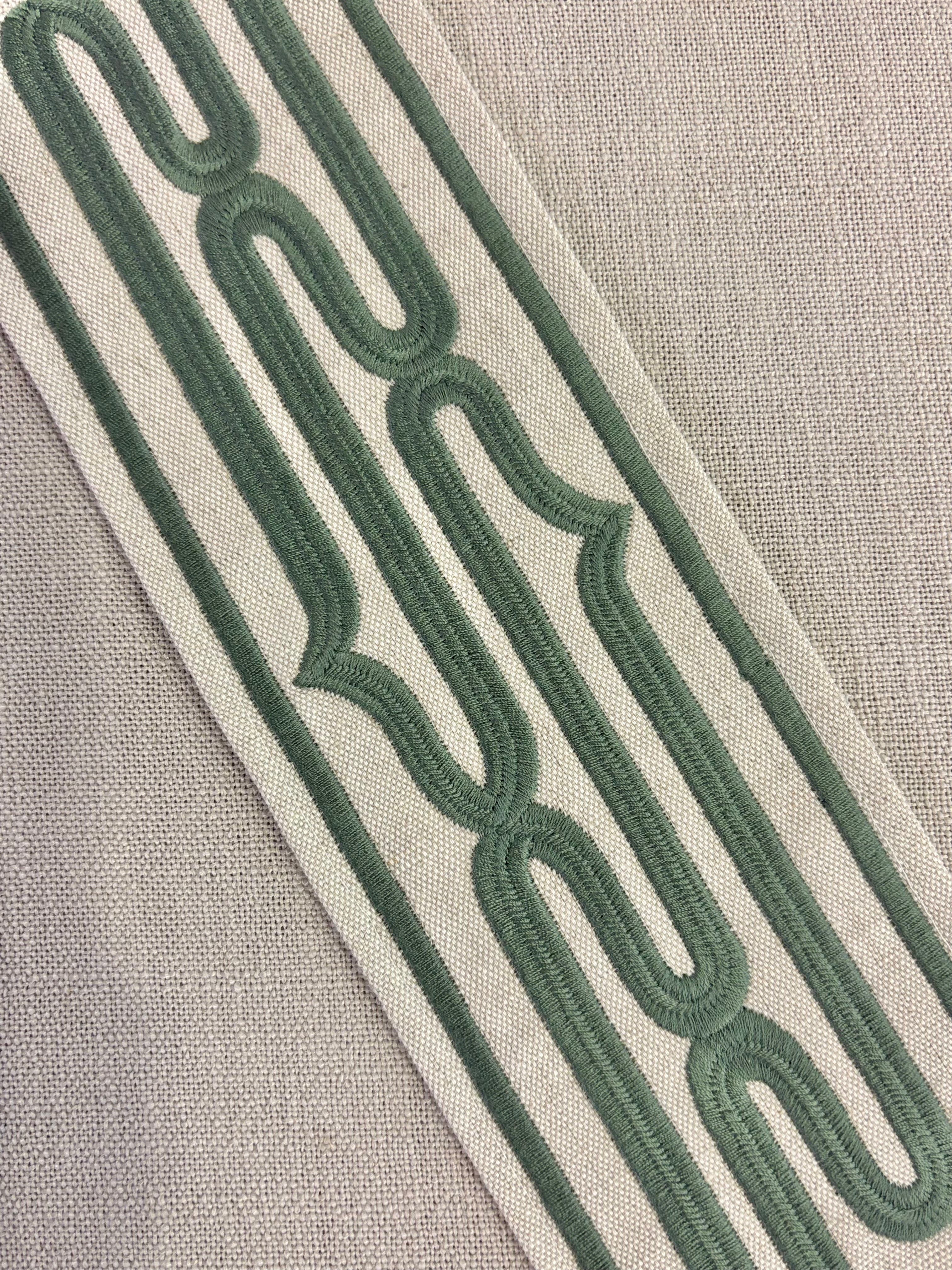 Curtains with Rollo Trim in Celadon Green