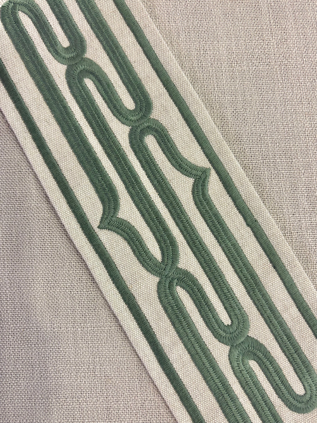 Curtains with Rollo Trim in Celadon Green