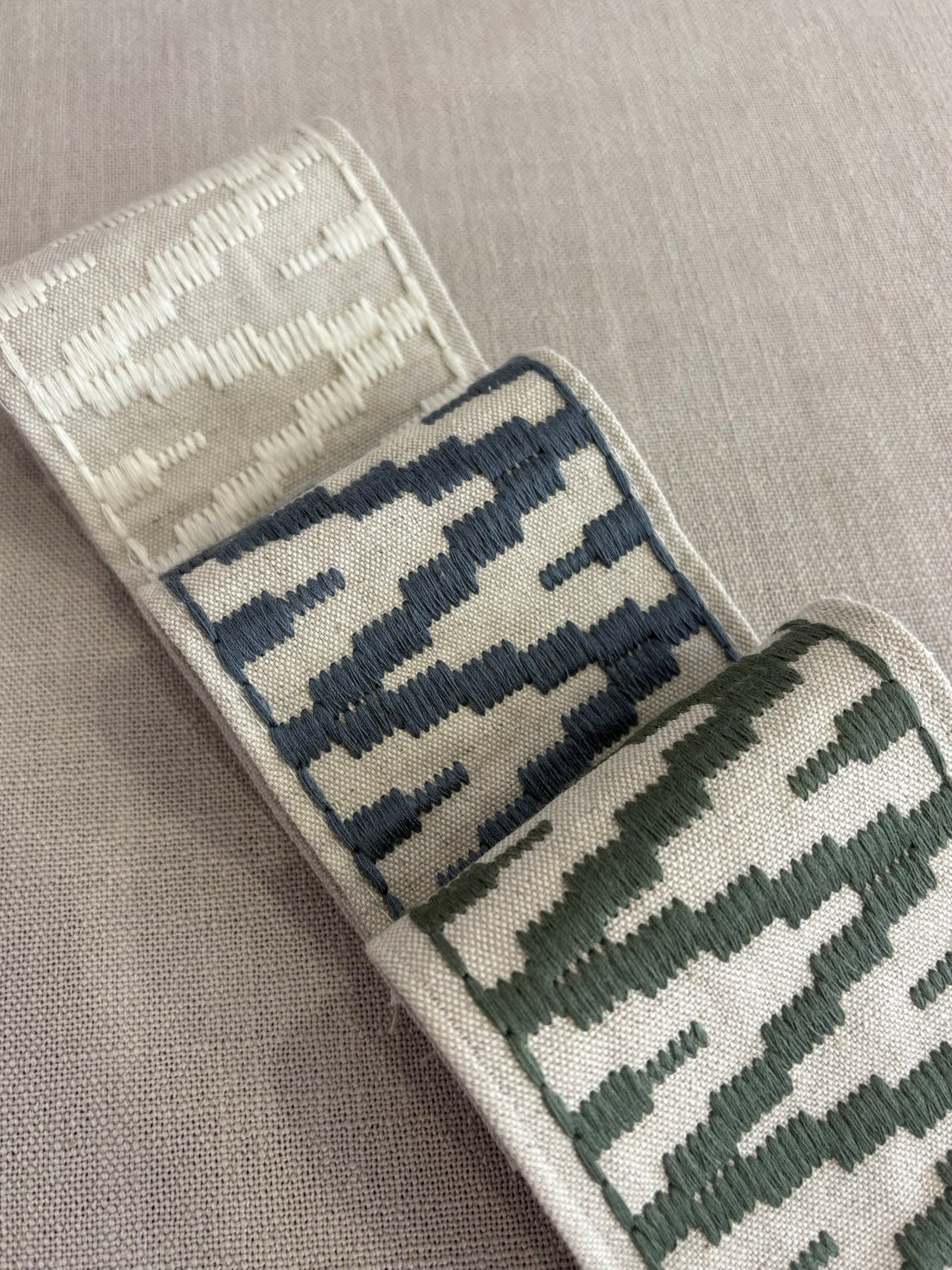 Roman Blinds with Yaya Trim in Celadon Green